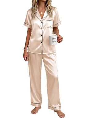 Women's Champagne Polyester Short Sleeve Button Down Loungewear Satin Pajama Set